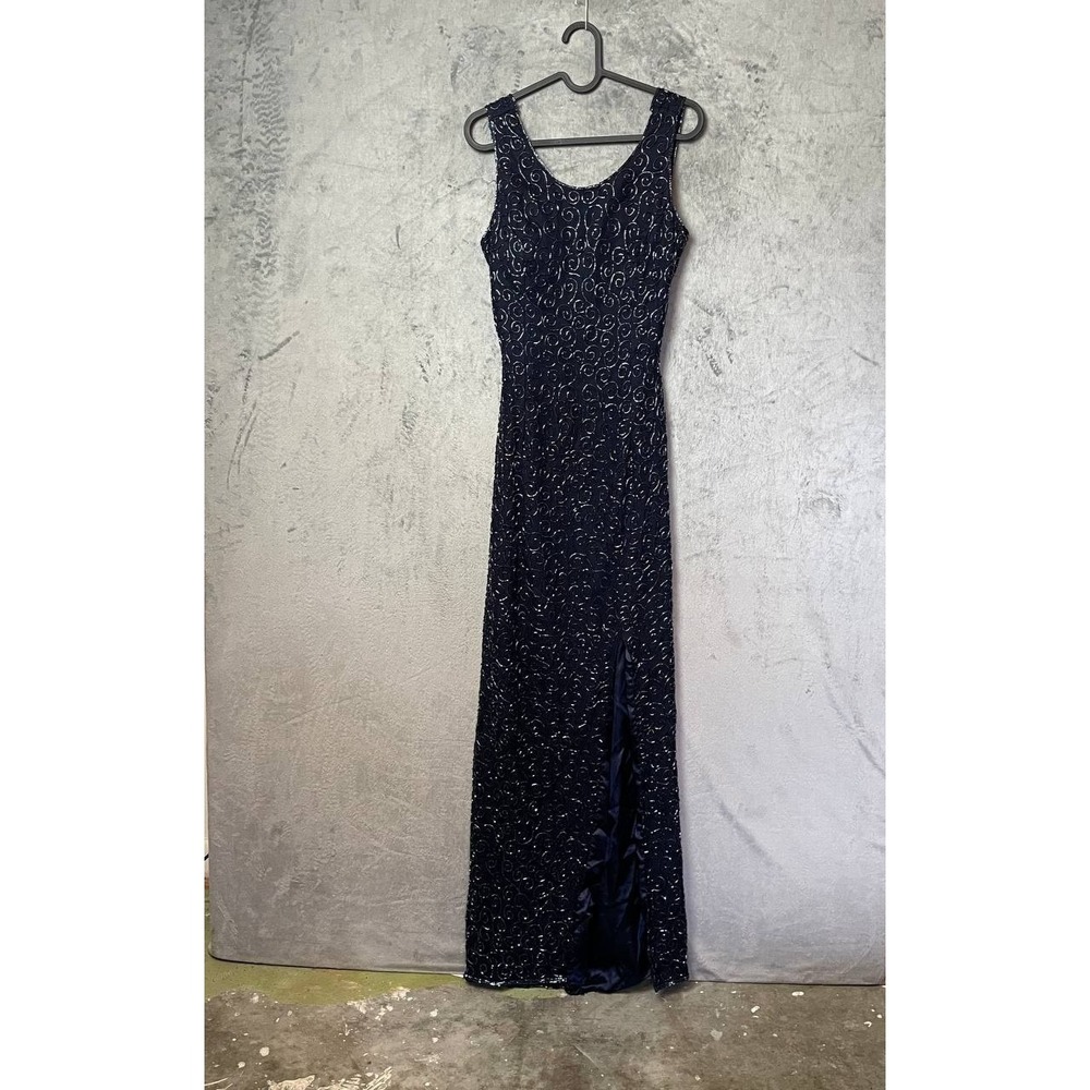 Vintage Scala Navy 100% Silk Beaded Maxi Dress Gown‎ Open Back Cutout Slit XS